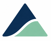 Abstract blauw en groen geometrisch logo met gebogen driehoekige vormen op een witte achtergrond.