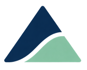 Abstract blauw en groen geometrisch logo met gebogen driehoekige vormen.