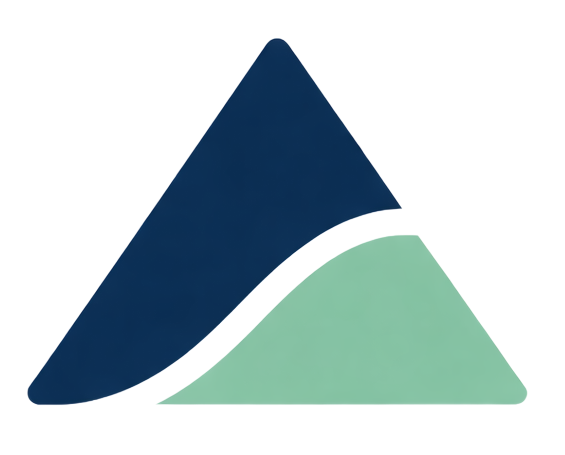 Abstract blauw en groen geometrisch logo met gebogen driehoekige vormen.