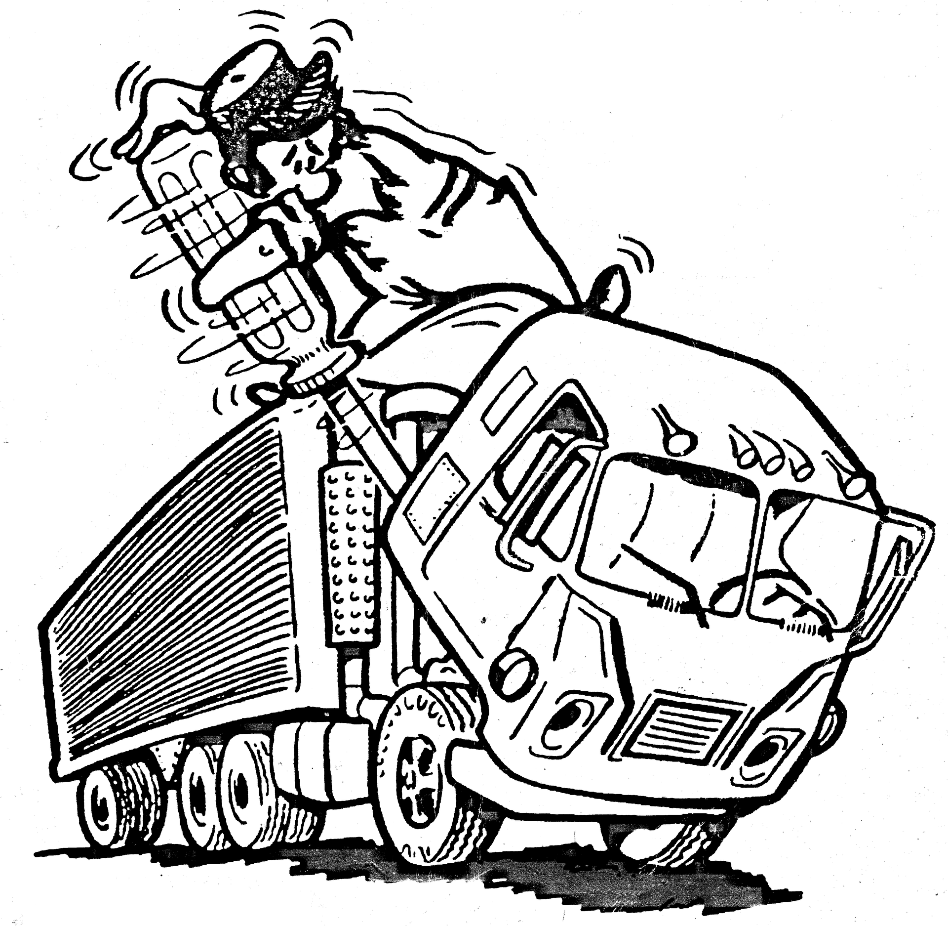 Une caricature en noir et blanc représentant un homme à l’arrière d’un camion.