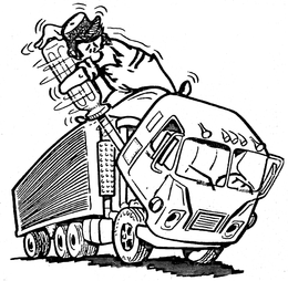 Une caricature en noir et blanc représentant un homme à l’arrière d’un camion.