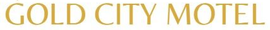 Gold City Motel sign in gold lettering on a white background