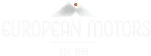 A white logo for european motors with a mountain in the background.