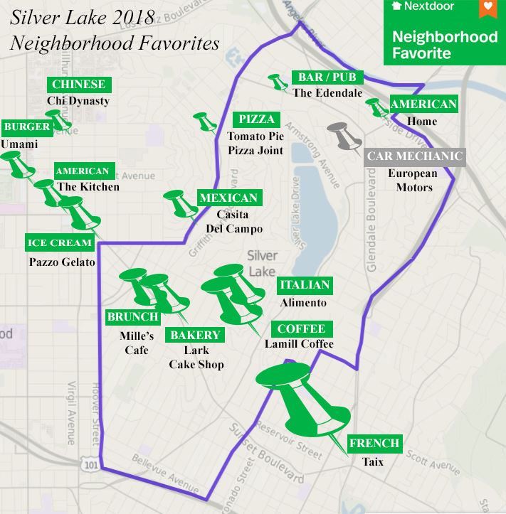 A map showing the neighborhood favorites of silver lake in 2018