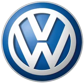 A blue and white volkswagen logo on a white background