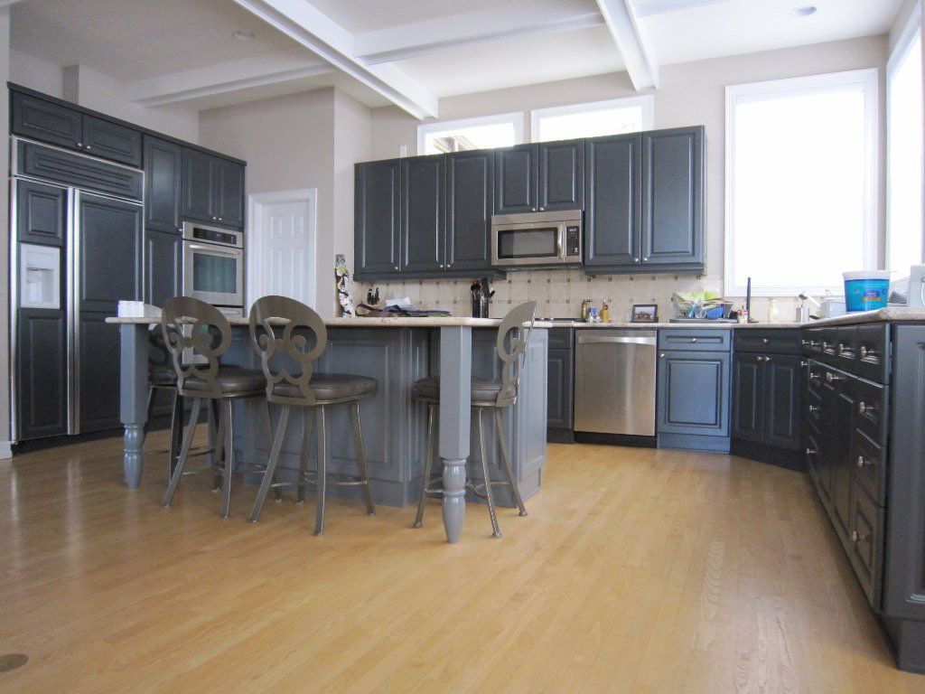 grey kitchen cabinets with island