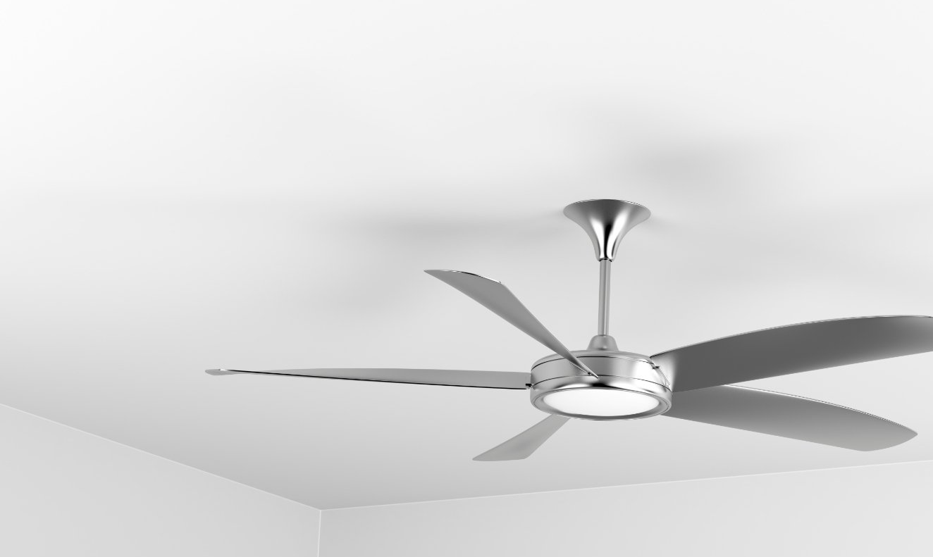 White ceiling fan mounted on a light gray ceiling in a bare room