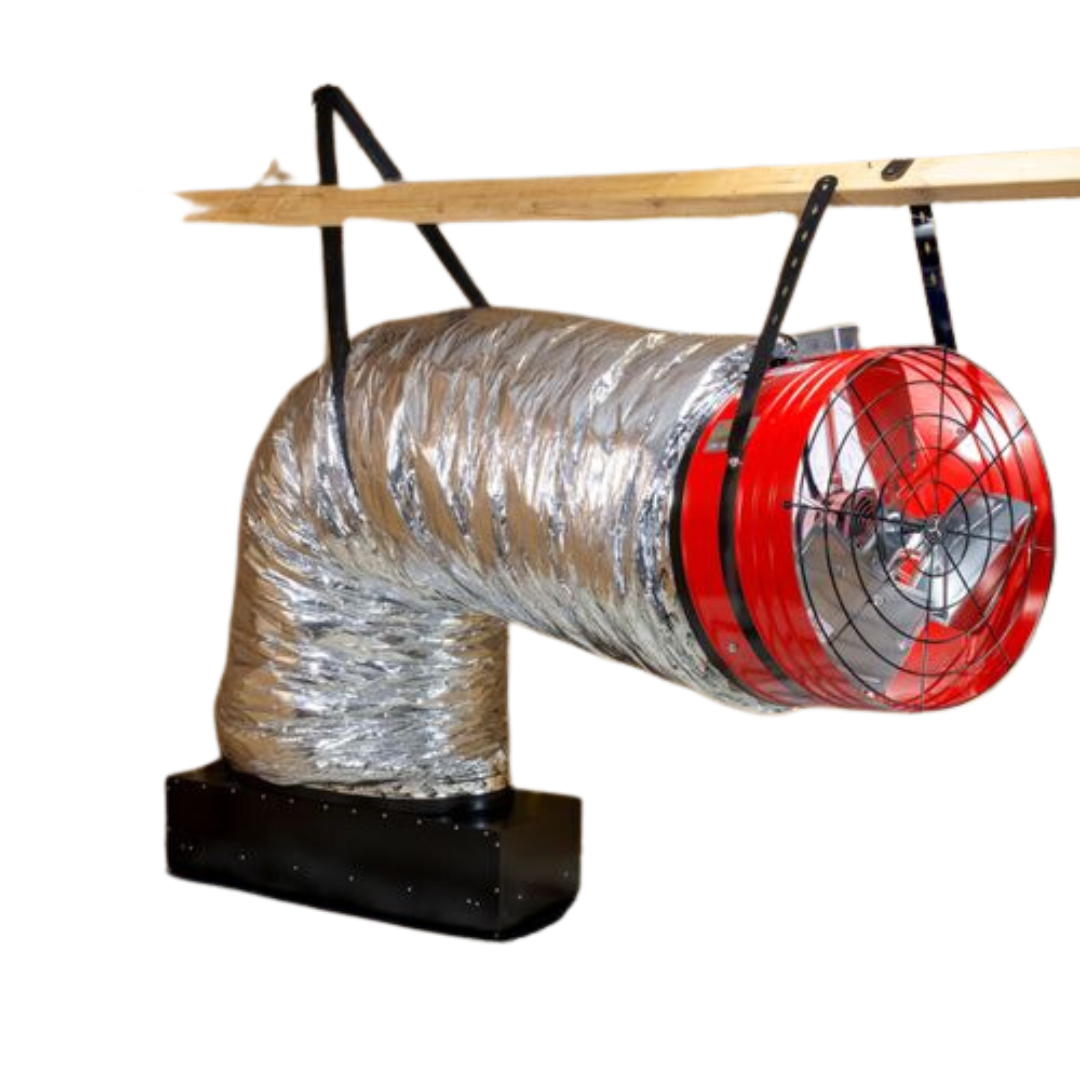 A red fan is attached to a silver duct.
