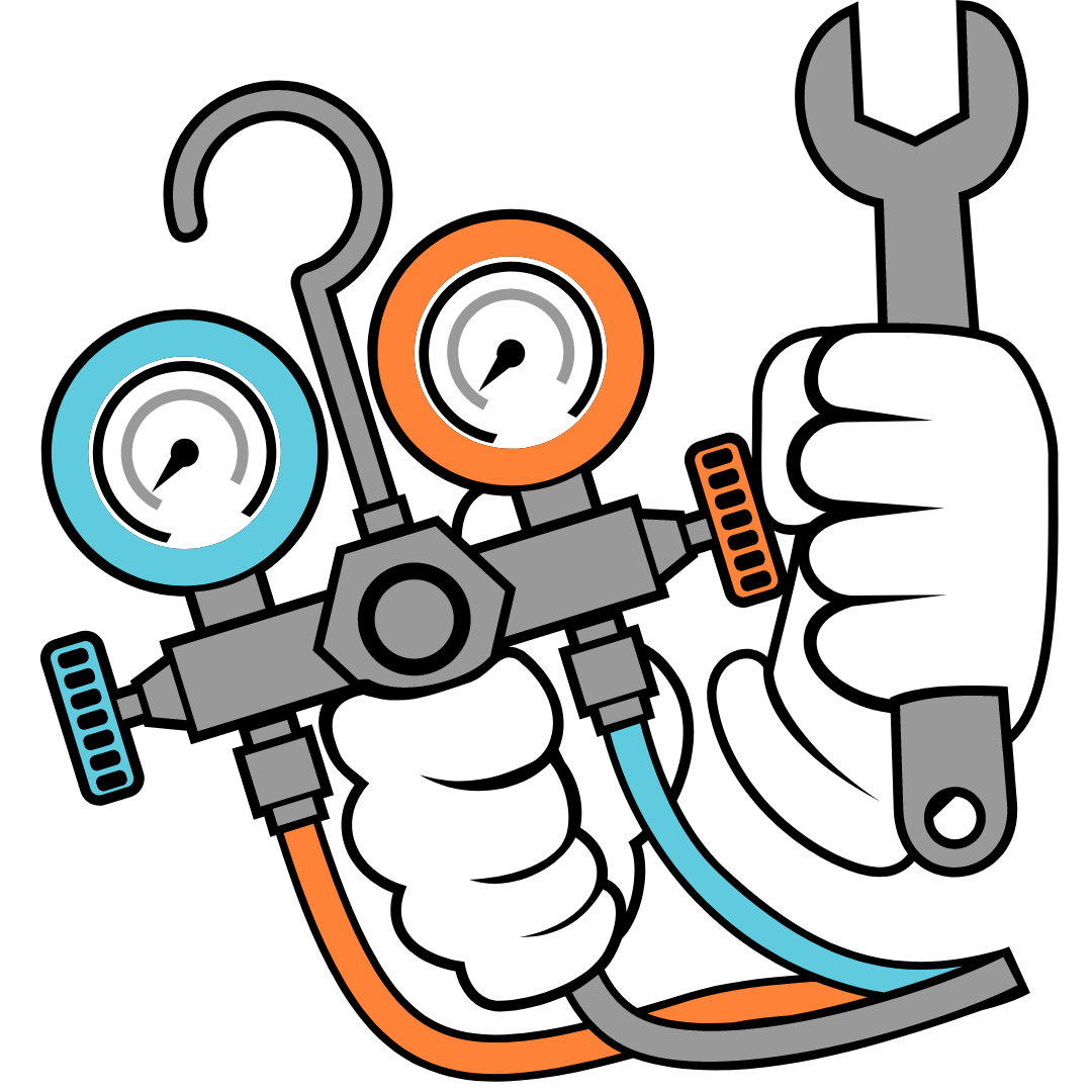 A cartoon of a hand holding a wrench and a gauge.