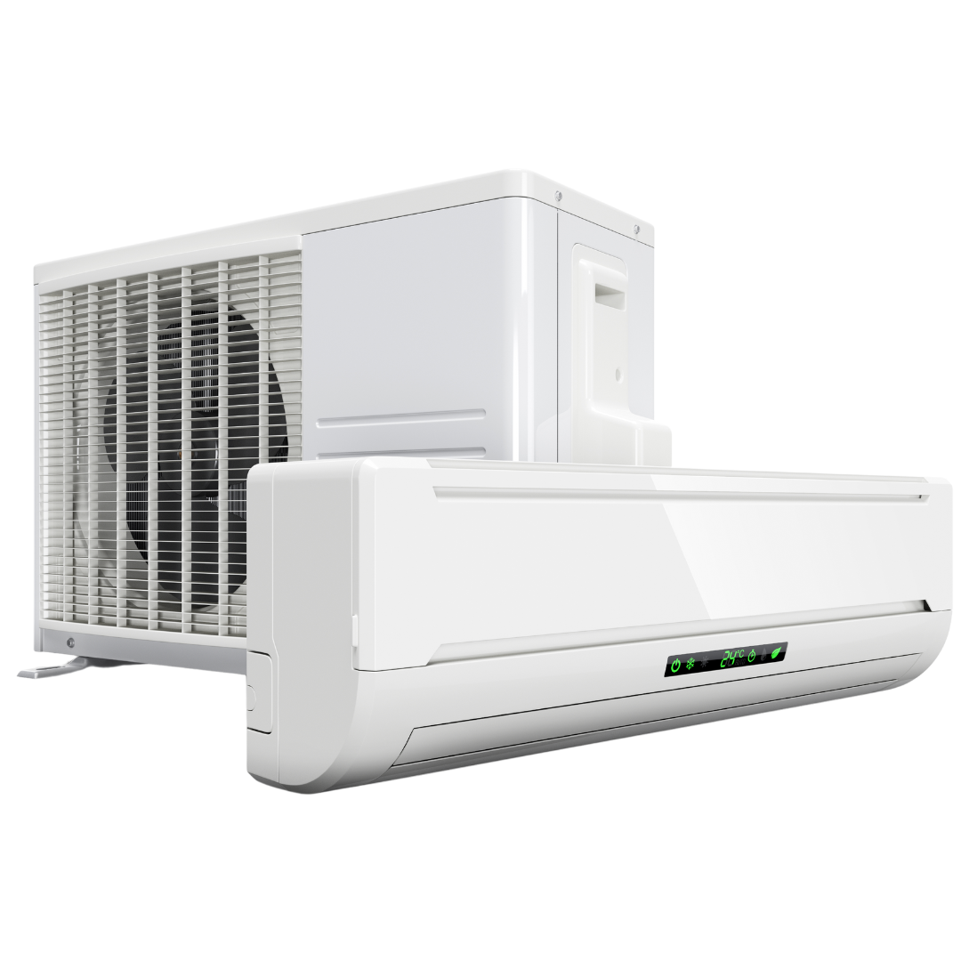 Two white air conditioners are sitting next to each other on a white background.