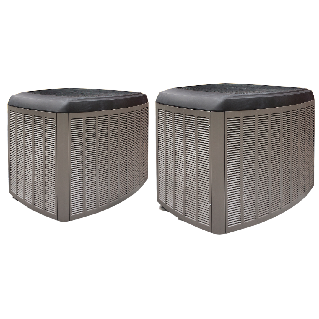 Two air conditioners are sitting next to each other on a white background.
