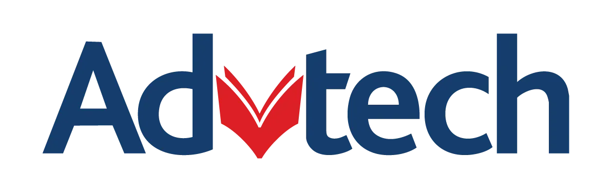 A blue and white advtech group logo on a white background