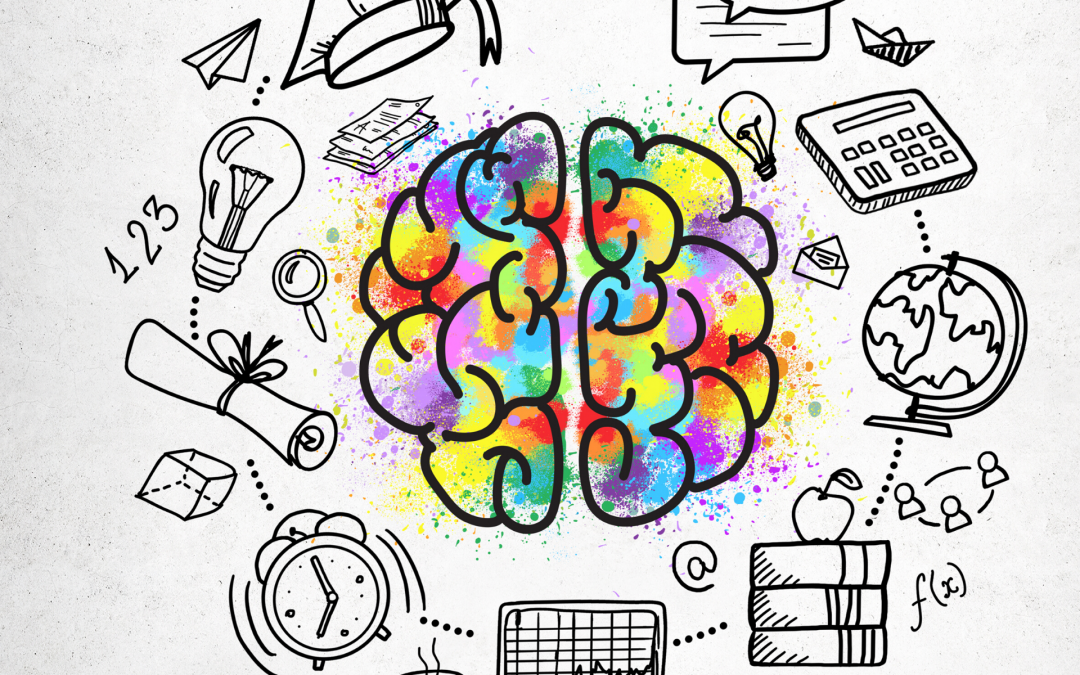 A colorful drawing of a brain surrounded by school supplies.