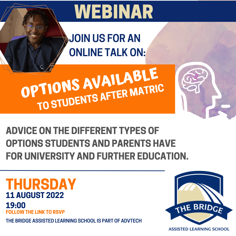An advertisement for a webinar on options available to students after matric