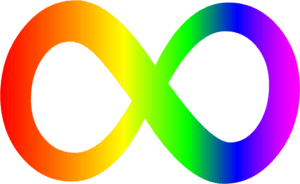 A rainbow colored infinity symbol on a white background