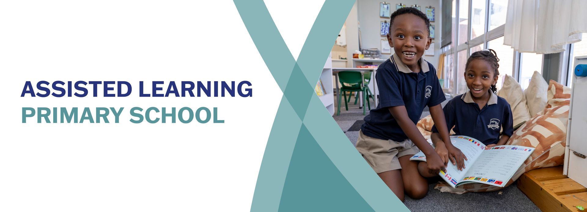Two smiling children in school uniforms reading a book. Text: Assisted Learning Primary School.