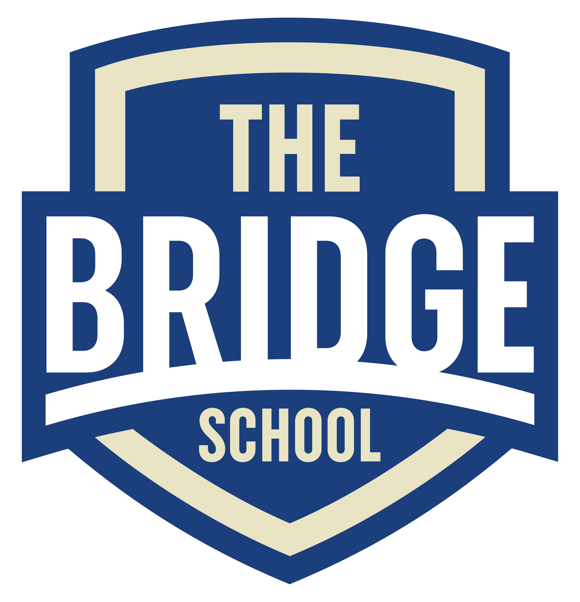 Shield logo for The Bridge School, in navy blue and light beige; text reads 