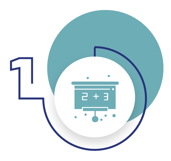 A teal and white circle with an icon of a whiteboard with the numbers 2 + 3, numbered 1.