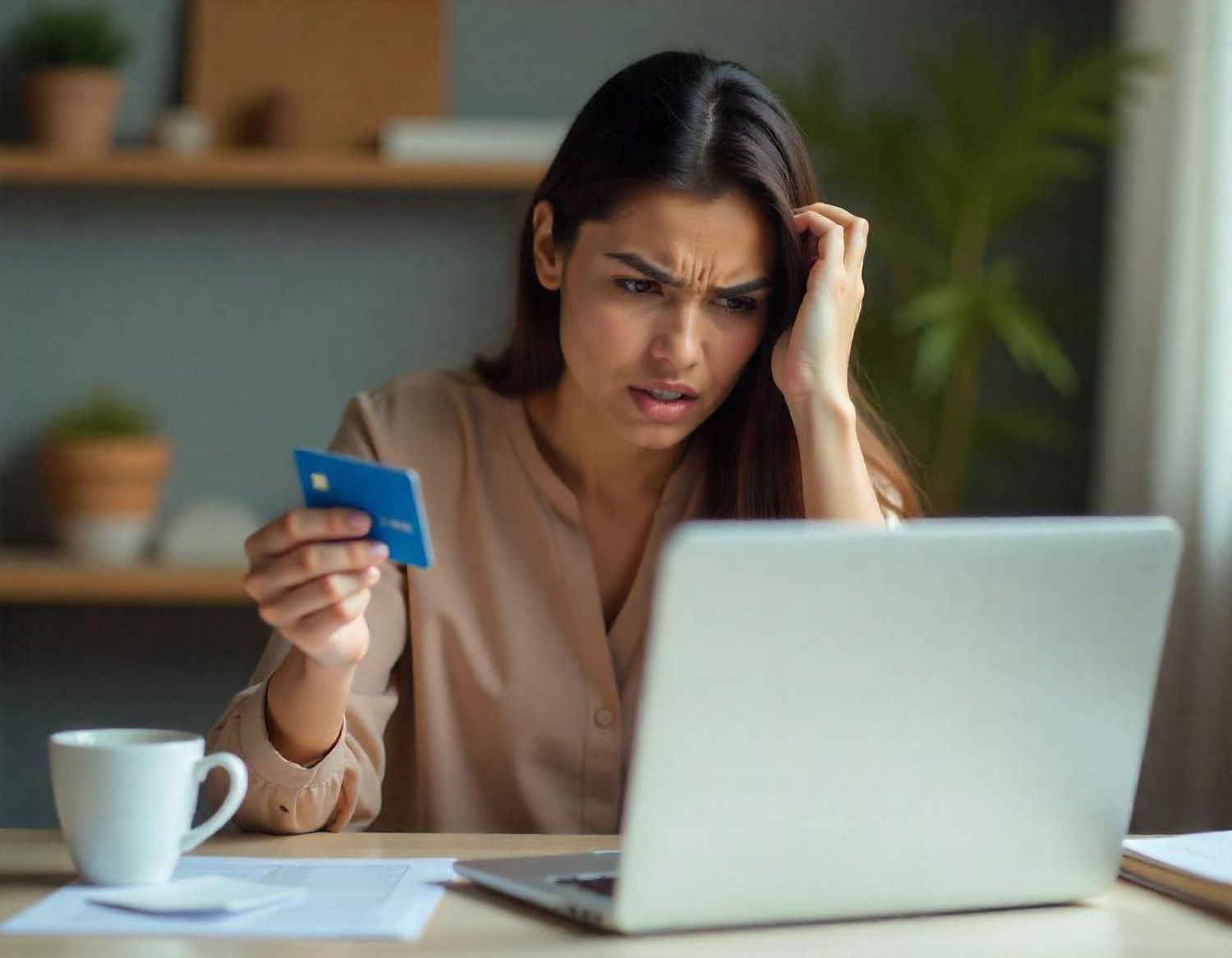 Frustrated woman holding a credit card while looking at a laptop at a desk with a coffee mug