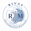 Rivas Restorative Massage logo with caduceus and anchor in blue and gray