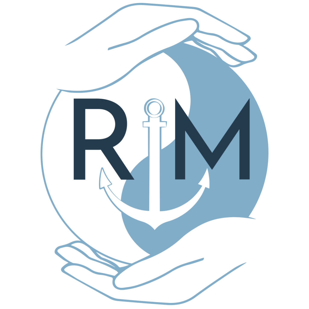 A logo for a company called rim with two hands holding an anchor.