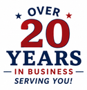 Blue and red “Over 20 Years in Business” logo with stars and “Serving You!”