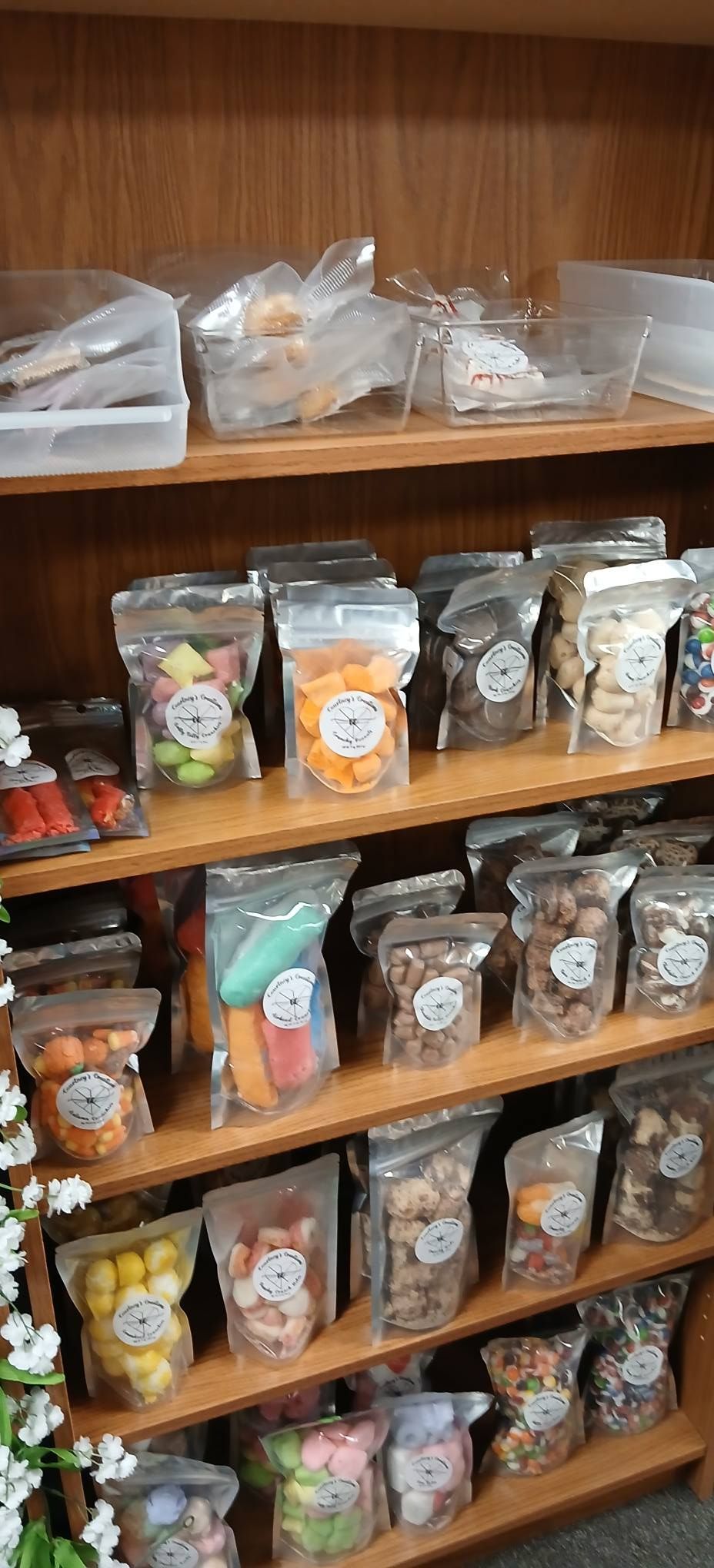 Shelves of assorted small packaged goods in clear plastic bags, displayed in a store aisle