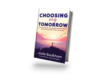 The cover of a book is shown. The title reads Choosing My Tomorrow: Surviving Murder, Navigating Mental Health, and Harnessing the Power of Choice