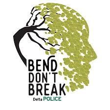 A logo for bend don't break podcast with a tree blowing in the wind with leaves that form the profile of a face