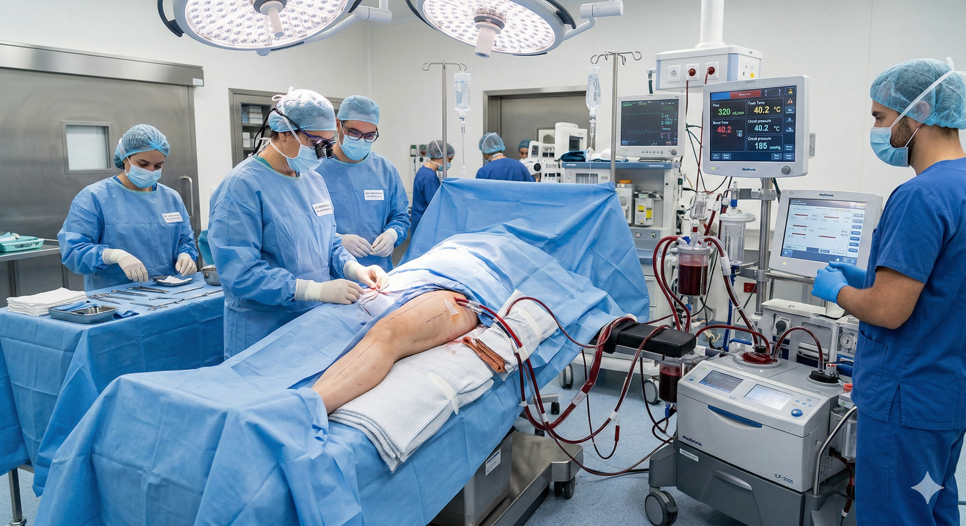 Cirurgia em andamento: equipe médica vestida com roupas cirúrgicas operando a perna de um paciente 