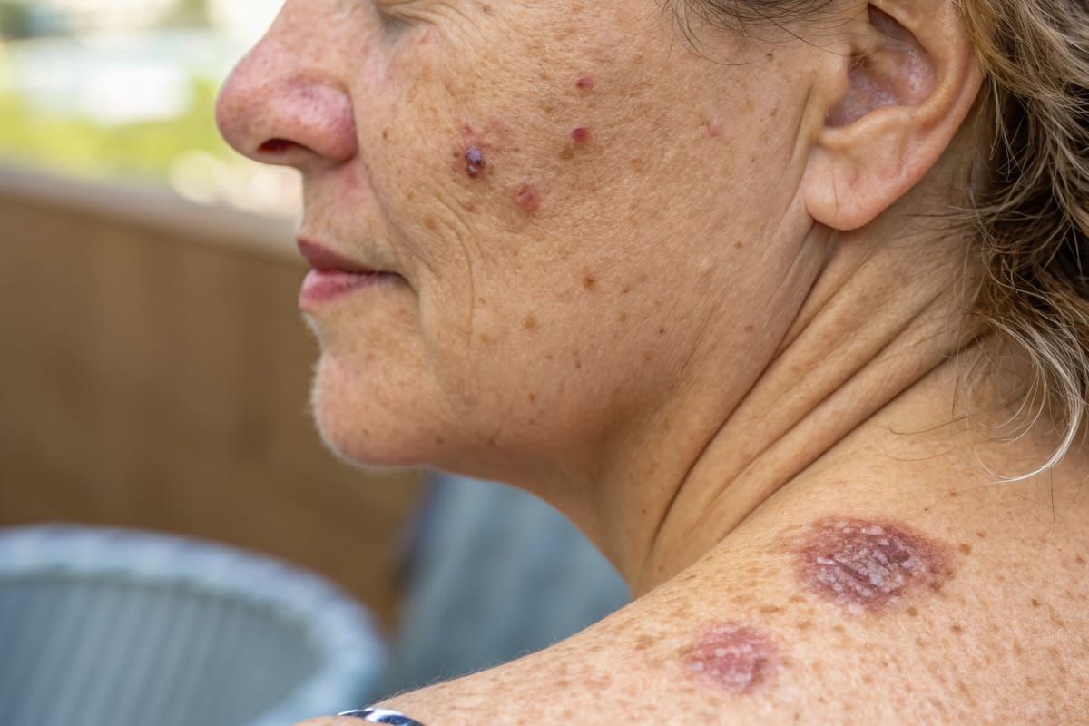 Perfil de mulher com lesões cutâneas visíveis no rosto e ombro, ao ar livre.