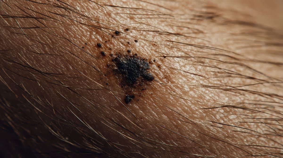 Lesão cutânea escura, de formato irregular e preta, em um braço com pelos.
