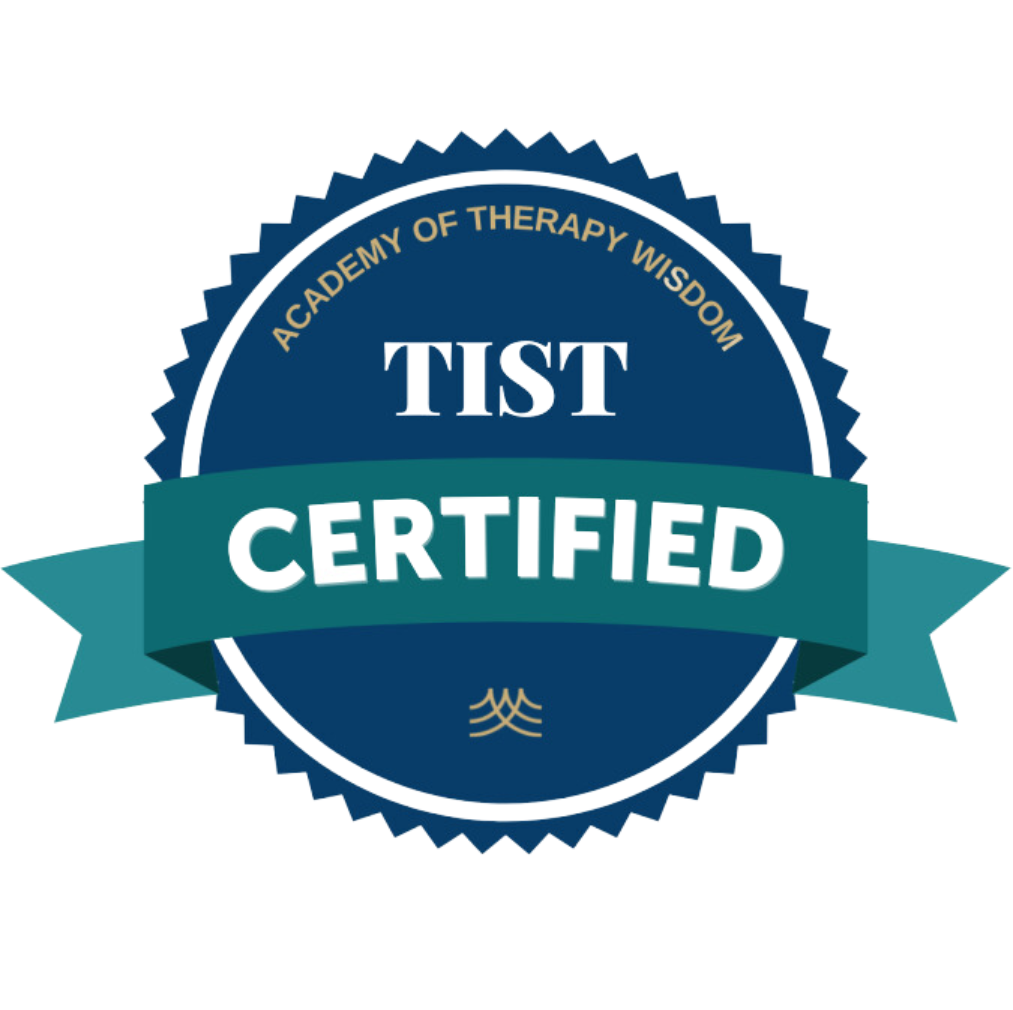 Blue and teal TIST Certified badge with Academy of Therapy Wisdom text