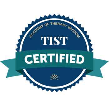 Blue and teal TIST Certified badge with Academy of Therapy Wisdom text
