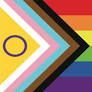 Progress Pride flag with chevron stripes and a yellow circle on white