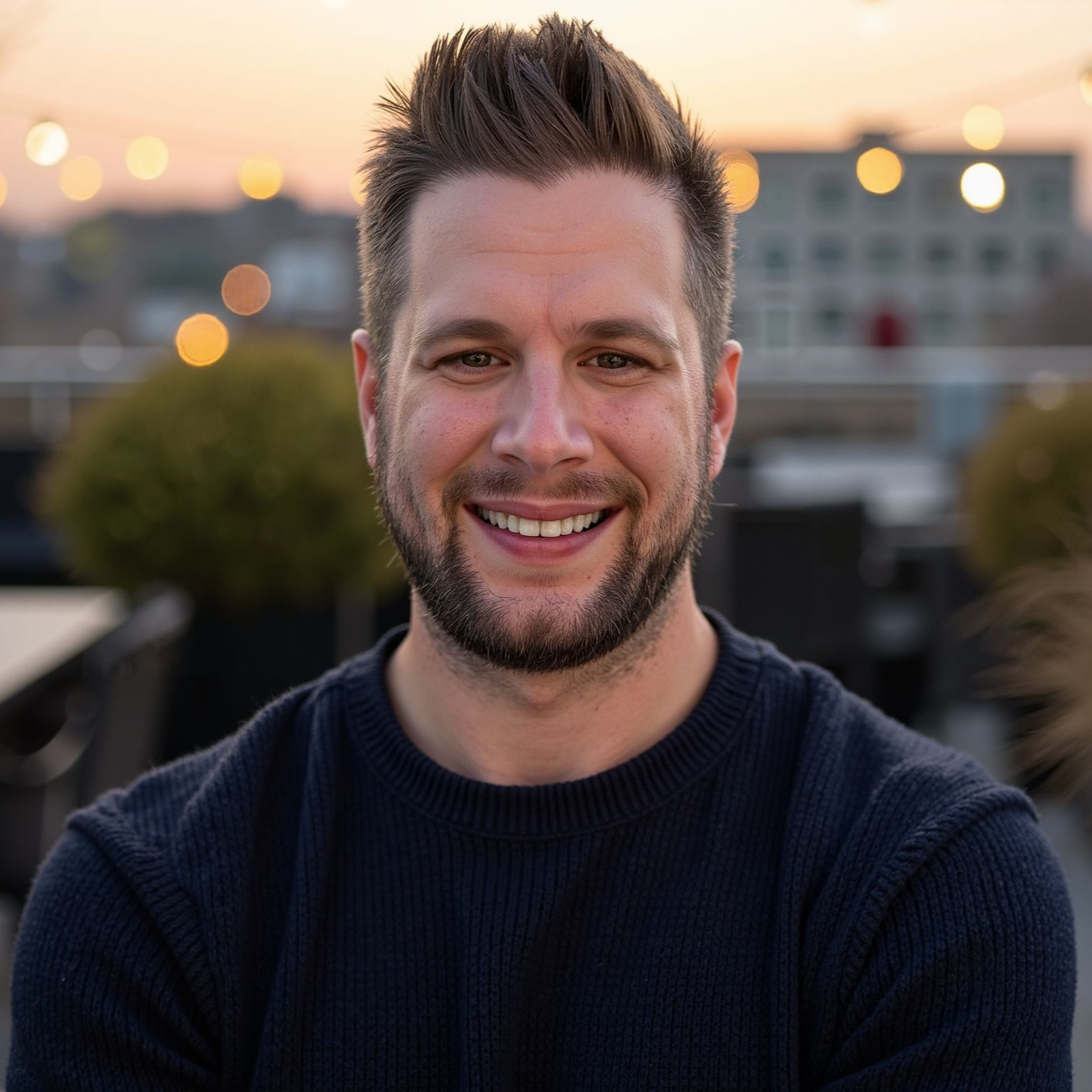 Smiling man with short brown hair and beard on a rooftop at dusk, wearing a blue sweater.