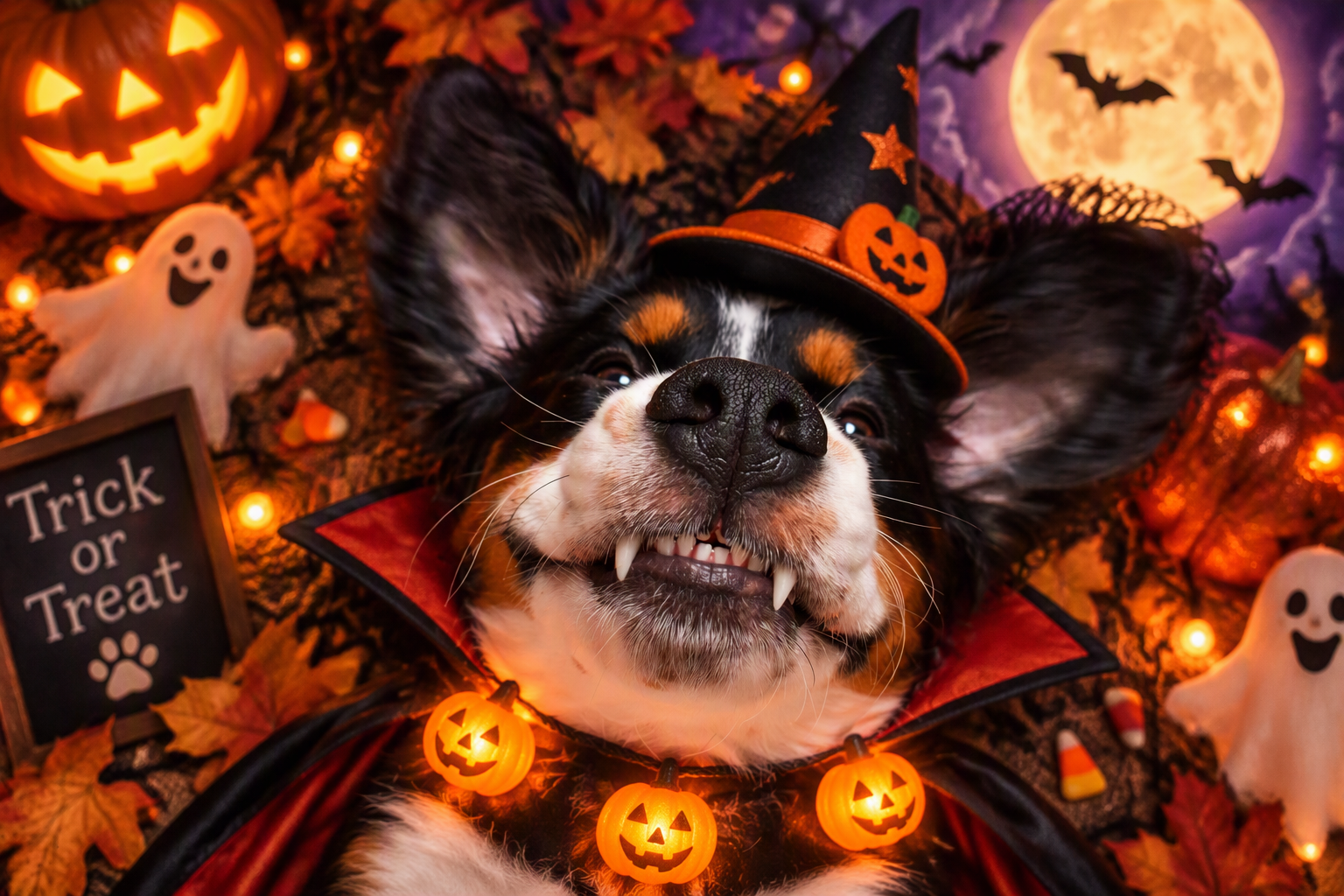 Vampire dog that is smiling, trick or treat sign and ghosts all around it.