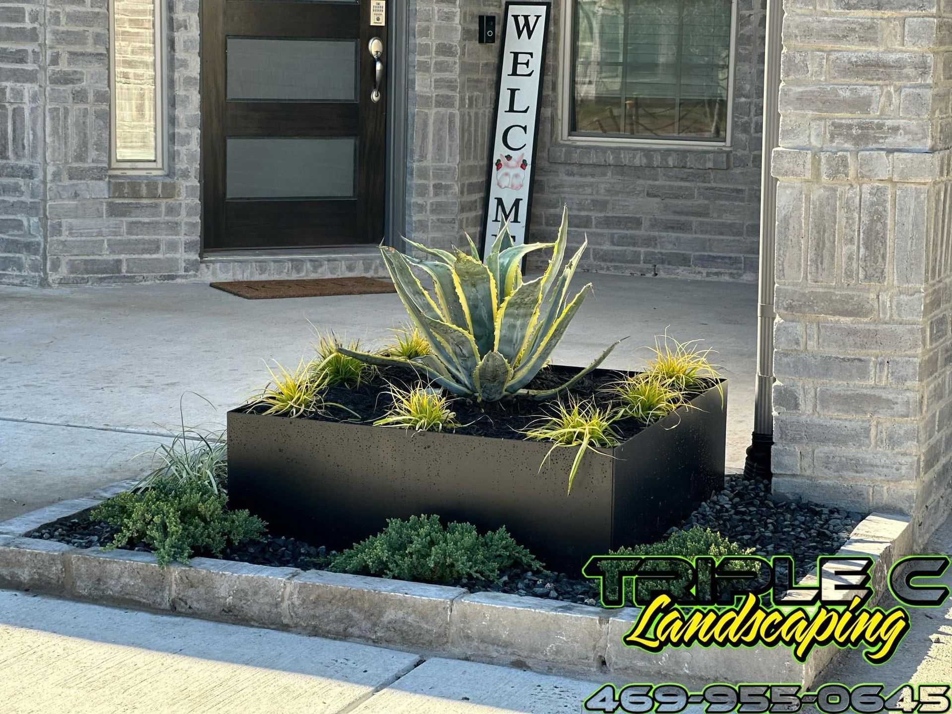A before and after picture of a lawn being maintained by triple c landscaping