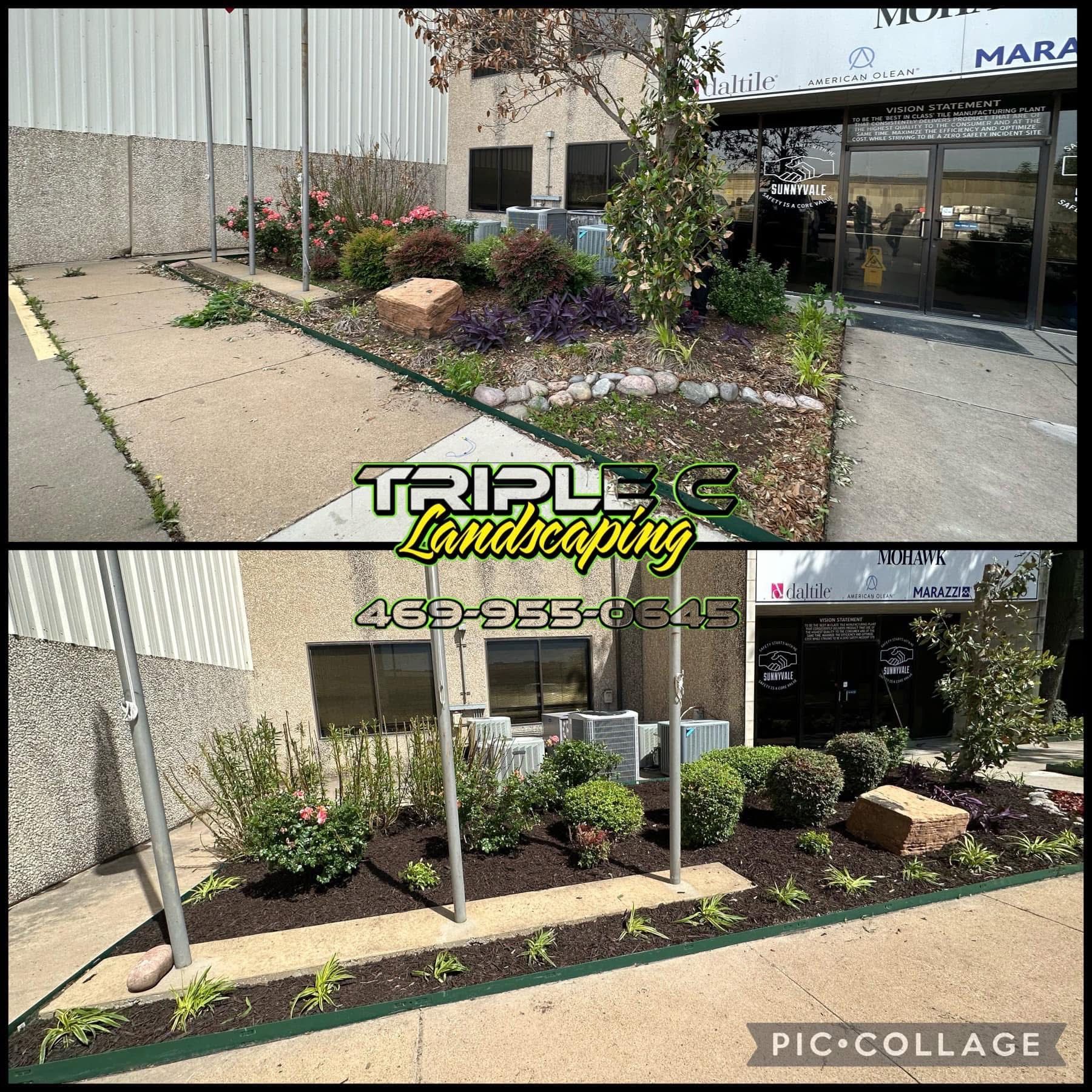 A before and after picture of a lawn being maintained by triple c landscaping