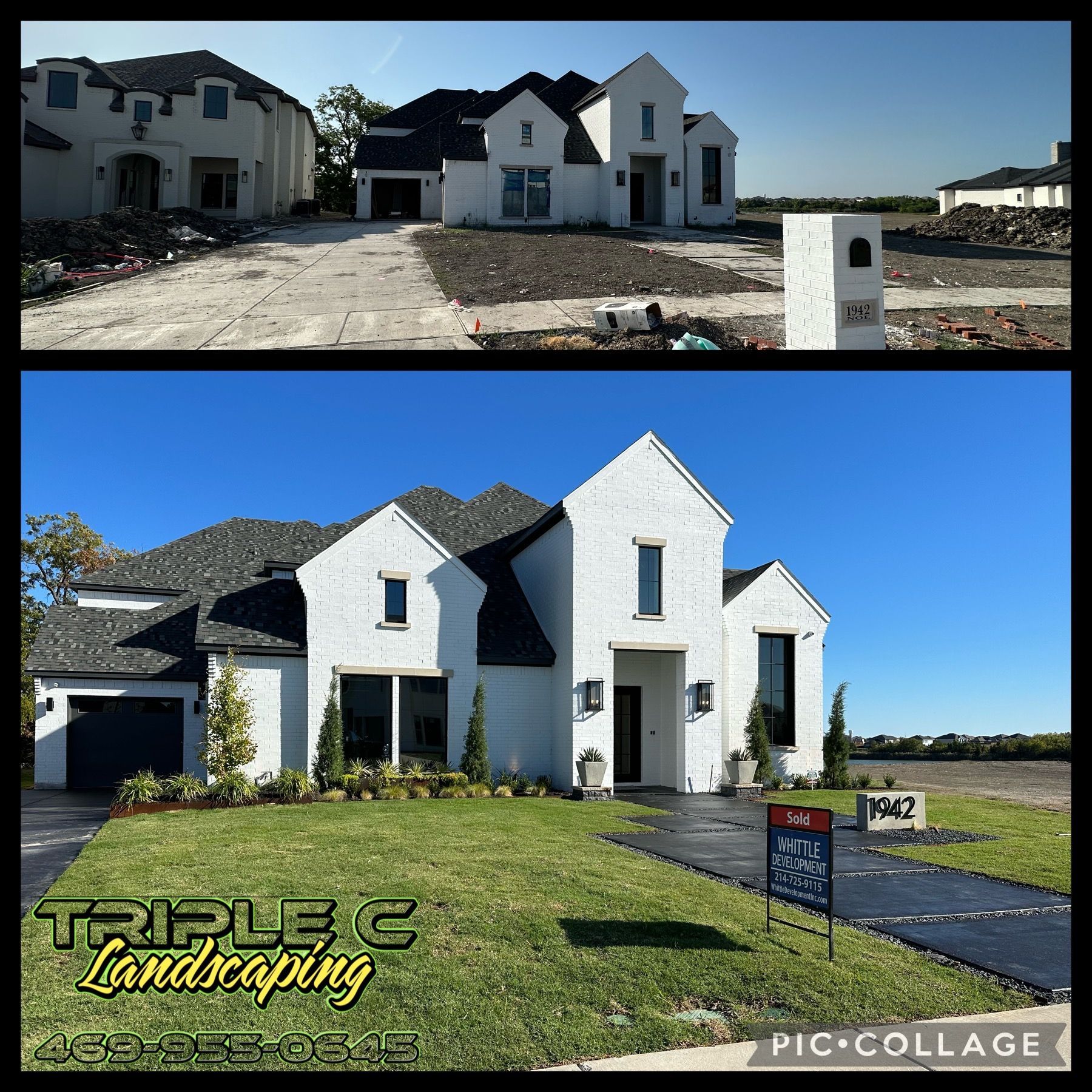 A before and after picture of a house being built by triple c landscaping