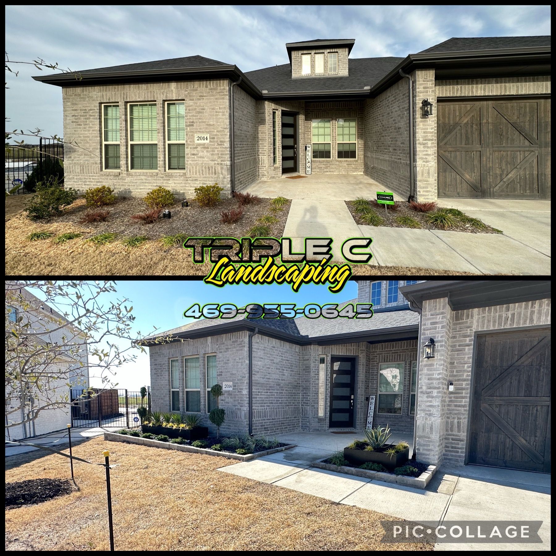 A picture of a house before and after landscaping by triple c landscaping