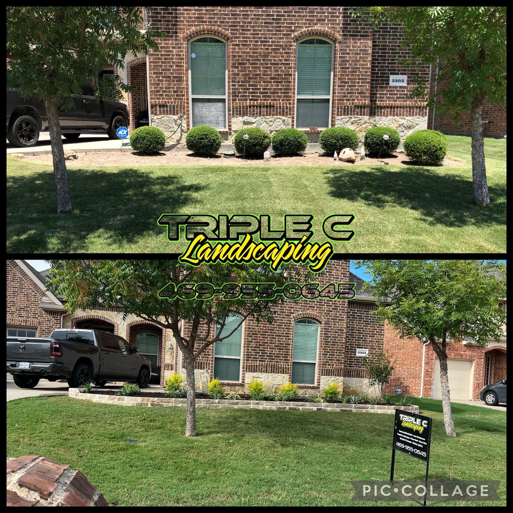A before and after picture of a lawn being maintained by triple c landscaping