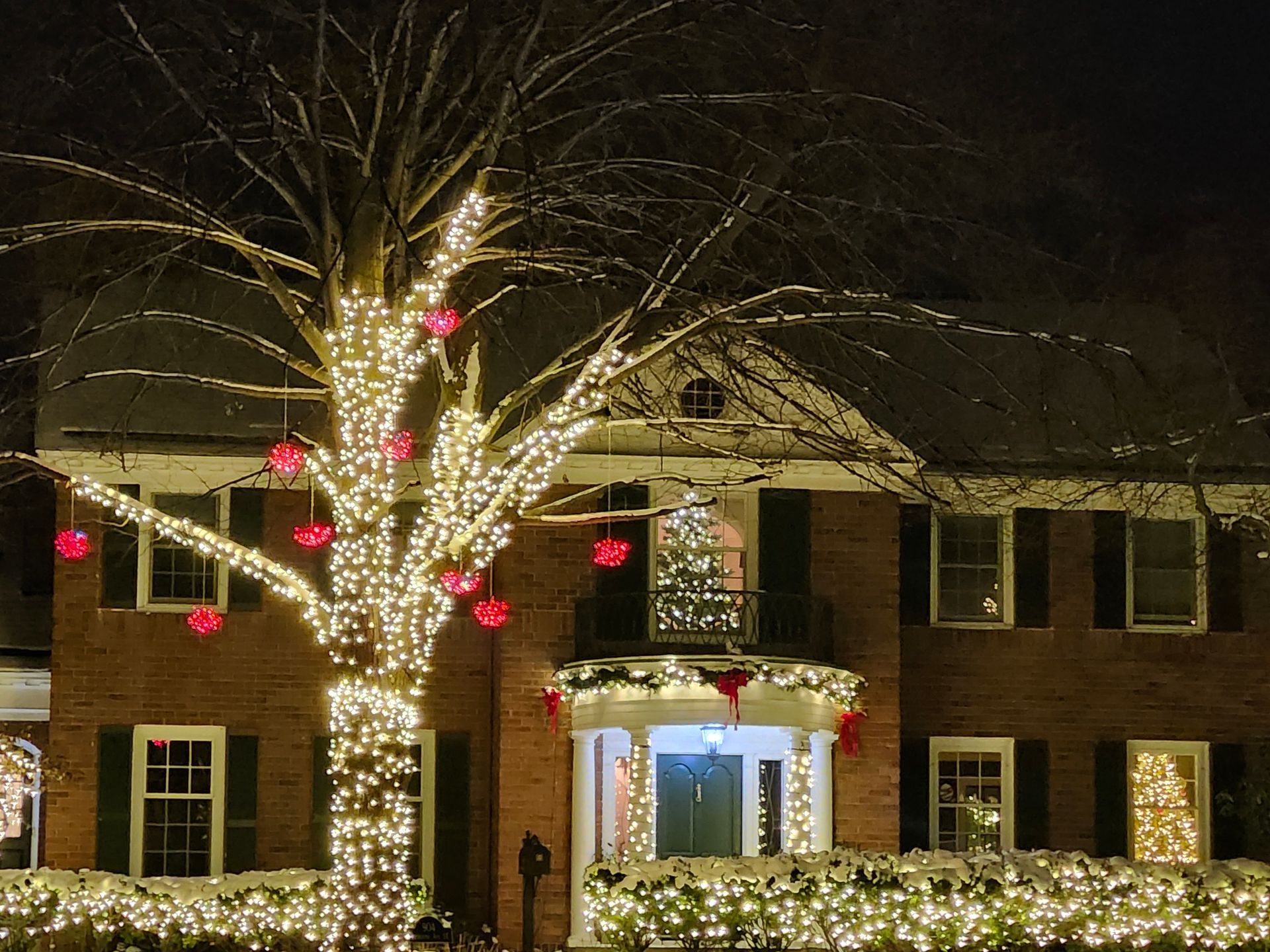 House decorated with purple and red Christmas lights at night