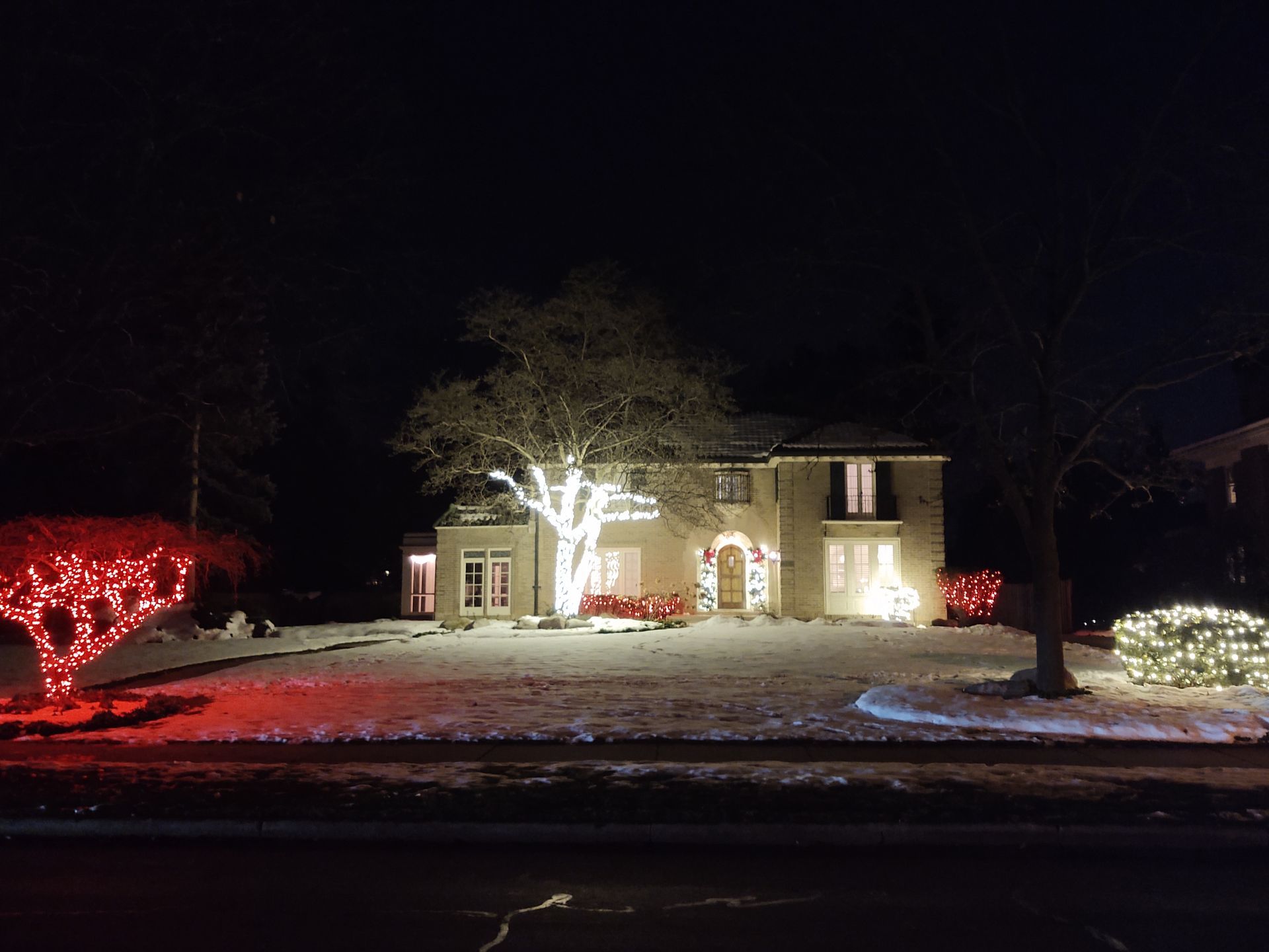 House and tree lit with purple Halloween lights at dusk