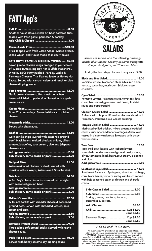 A black and white menu for a restaurant called Fatt Boys