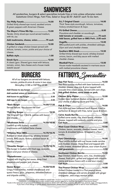 A menu for a restaurant shows sandwiches , burgers , and specialties