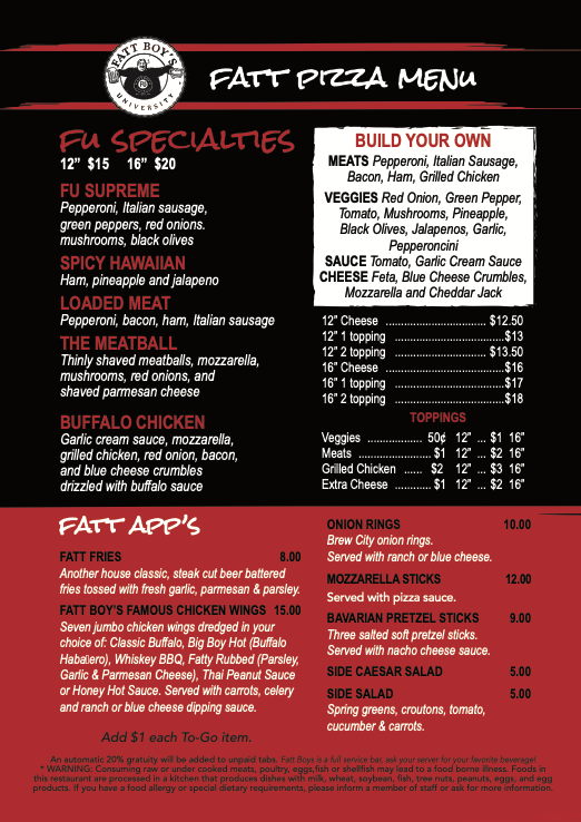 A pizza menu for a restaurant called Fatt Boys