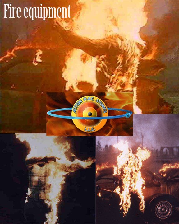 A collage showing flaming objects and a person on fire, titled 