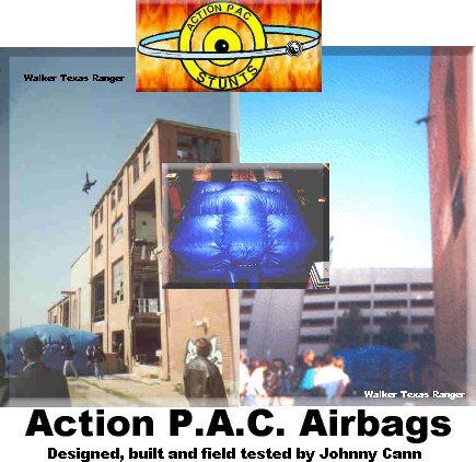 Collage of stunt airbags used for falls, featuring a stunt person jumping from a building, with Action P.A.C. branding.