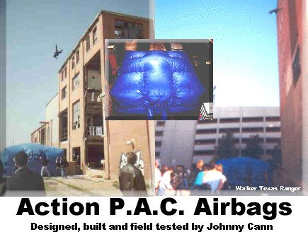 A collage shows a stuntperson jumping toward a large blue inflatable landing bag, with text naming Action P.A.C. Airbags.